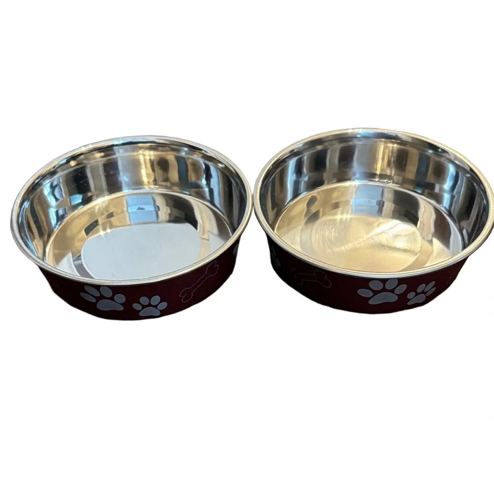 Red and Silver Pet Bowls with Paw Print Design